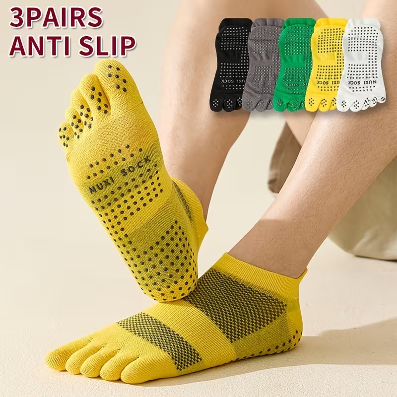 Sports Grip - メンズ 3 足組つま先ソックス 滑り止めドットグリップソックス 通気性メッシュ ローカット